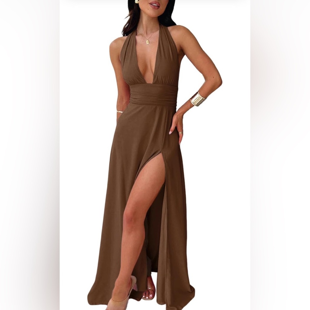 Brown Deep V High-Slit Maxi Dress